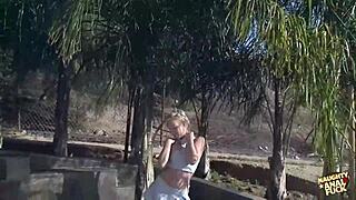 Naughty Blonde's Tight Asshole Stretched Outdoors