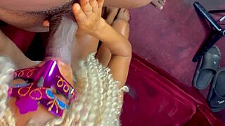 big guy catches skinny waitress and fucks her tight pussy in shorts