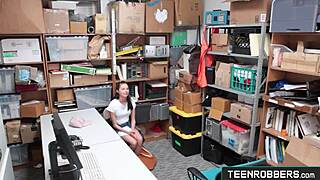 Shaved teen shoplifter punished roughly by creepy guard in garage