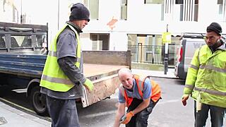 Sexy girl pisses on construction site in front of workers and flashes tits while walking