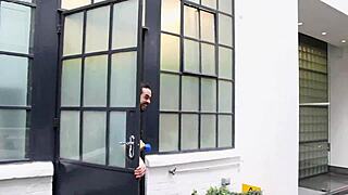 Sexy girl pisses on construction site in front of workers and flashes tits while walking