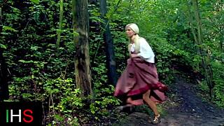 Fantastic outdoor threesome featuring blonde teen and big cock action.