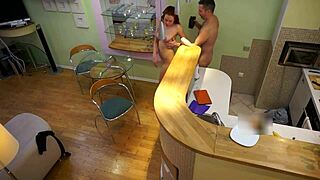 Sweet step daughter engages in intimate homemade kitchen encounter with older man