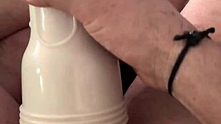 Play with my new fleshlight caught watching movies and jerk off my big leg