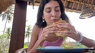 Cute Girl Eats Burger With Cum Face