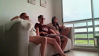 Movie Night Surprise: Cock Sharing With Best Friend And Stepsister