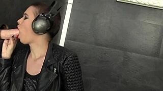 Classy fetish babe in high heels gets messy bukkake at gloryhole