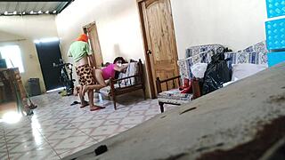 stepmother resting on sofa with stepson