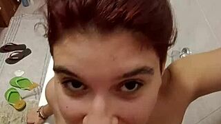 Chiara Gets Pissed On Her Big Tits In The Bathroom Slave Style