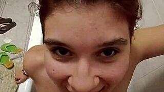 Chiara Gets Pissed On Her Big Tits In The Bathroom Slave Style