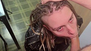 Watch her leather jacket turn him on so hard, nearly breaking the table with blowjob, doggystyle, missionary!