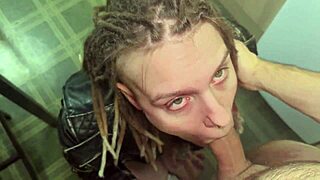 Watch her leather jacket turn him on so hard, nearly breaking the table with blowjob, doggystyle, missionary!