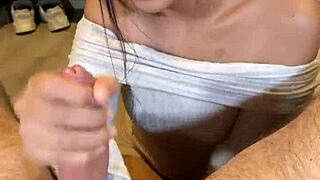 Pretty asian teen sucks big cock and swallows cum