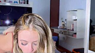 Blonde stepsister gives sloppy blowjob before bed