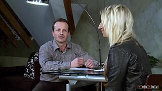 Petite blonde licks off his cum after the amazing sex session.