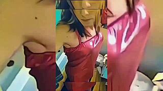 shemale teasing in the bathroom with striptease and undressing