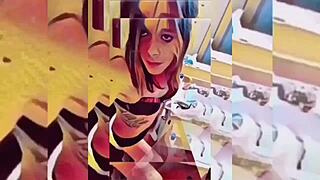 shemale teasing in the bathroom with striptease and undressing