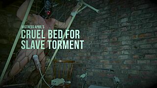Dominatrix mistress april torments slave on special bed