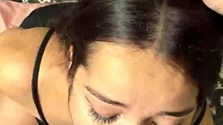 Cute and submissive girlfriend gives deep sloppy blowjob to big dick