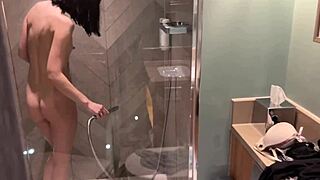 In a hotel room, a hot stepmom invites her stepson to share the bed, leading to taboo anal fun in the shower and spying on her bathing.