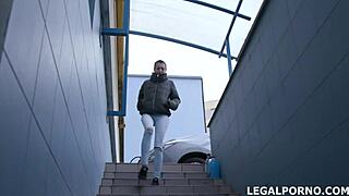 Short-haired Russian Lola Shine's tiny ass stretched by two BBCs in rough DAP drilling