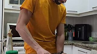 Cooking omelette naked, masturbating, cumming on food