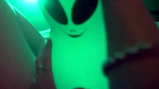 Mature blonde cougar pornstar masturbates using alien inflatable balloon for intense female ejaculation.