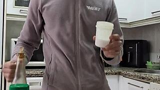 Cooking omelette naked, masturbating, cumming on food