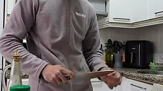 Cooking omelette naked, masturbating, cumming on food