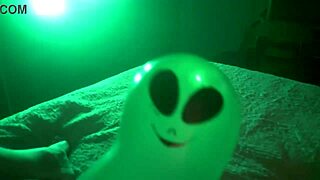 Mature blonde cougar pornstar masturbates using alien inflatable balloon for intense female ejaculation.