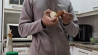 Cooking omelette naked, masturbating, cumming on food