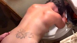 hooker fucks customer in trap house bathroom, takes load on perfect ass