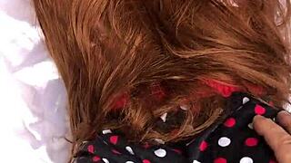 Watch the pervert cum inside stepdaughter's pussy with exclusive red sheer sex toy!