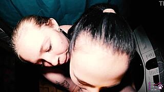 Double Oral Fun with Blonde and Brunette in Bathroom Group Sex