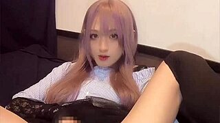 Pink Haired Crossdresser Inserts Vibrator Into Anus For Masturbation