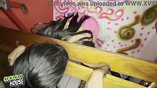 Naughty bride in bdsm room with two men