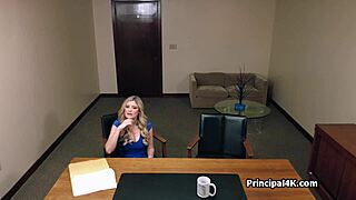 the busty suburban housewife is bouncing on the principal's hard dick in office