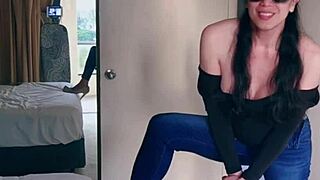 Pretty Asian ladyboy strips jeans, revealing gifted big boobs. So sexy! 😍