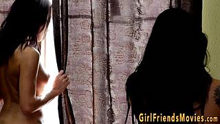 buxom hottie gets eaten out in lesbian oral scene