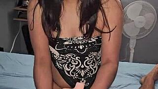 Colombian milf sexdoll with natural tits rides dildo in missionary and cowgirl positions intensely