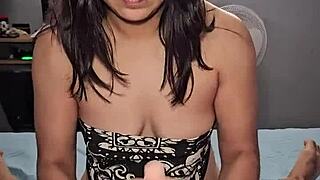 Colombian milf sexdoll with natural tits rides dildo in missionary and cowgirl positions intensely