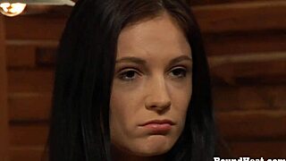 Lesbian girl in handcuffs with big natural tits gets whipped hard