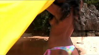 bisexual exotic beauties enjoy threesome fucking with a handsome guy who finally gives them a big shower with his jizz