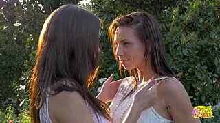 These two lesbians felt pure ecstasy running through the field outdoors before their passionate sex ignited