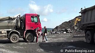 Petite Blonde Hottie Fucked in Public Threesome by Two Guys at Construction Site