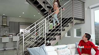 Natalia Starr, a MILF in bottomless pants, enjoys obedient guys in group sex