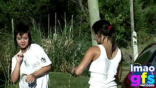 two hot brunettes naked carwash showing tits and ass