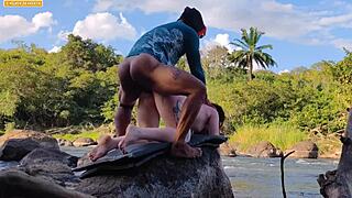 putaria unleashes a wild gangbang with three well-endowed guys in the forest