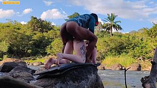 putaria unleashes a wild gangbang with three well-endowed guys in the forest