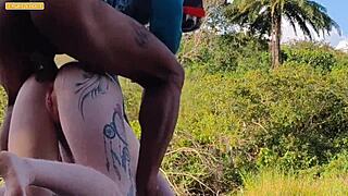 putaria unleashes a wild gangbang with three well-endowed guys in the forest